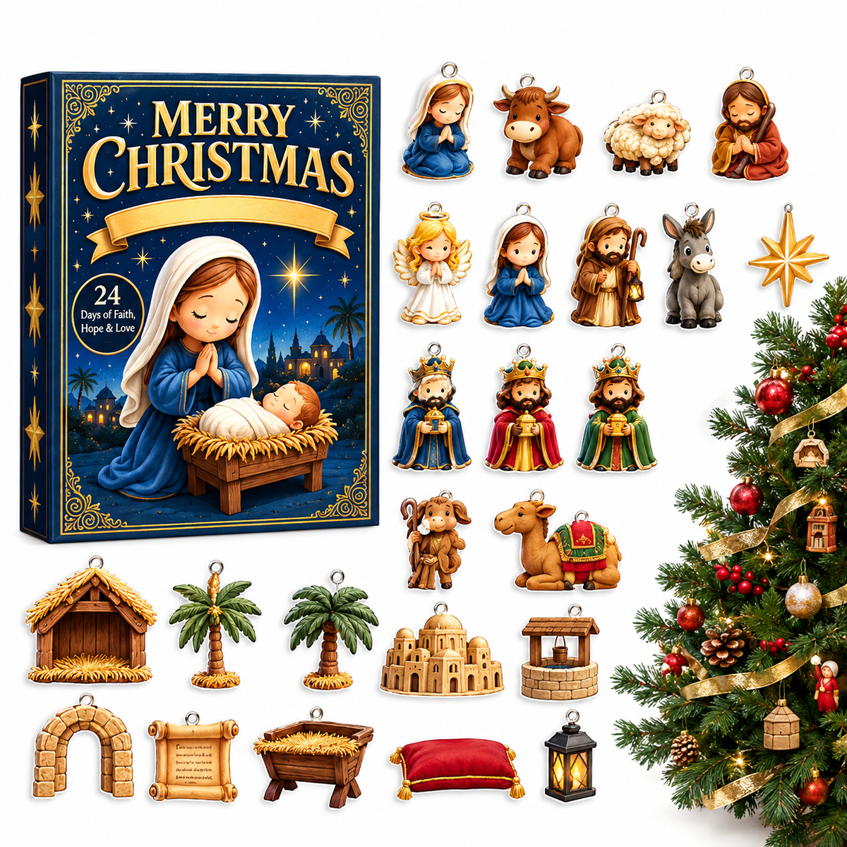 Holy Night Nativity Advent Calendar 2026 – 24 Acrylic Ornament Christian Christmas Countdown Box