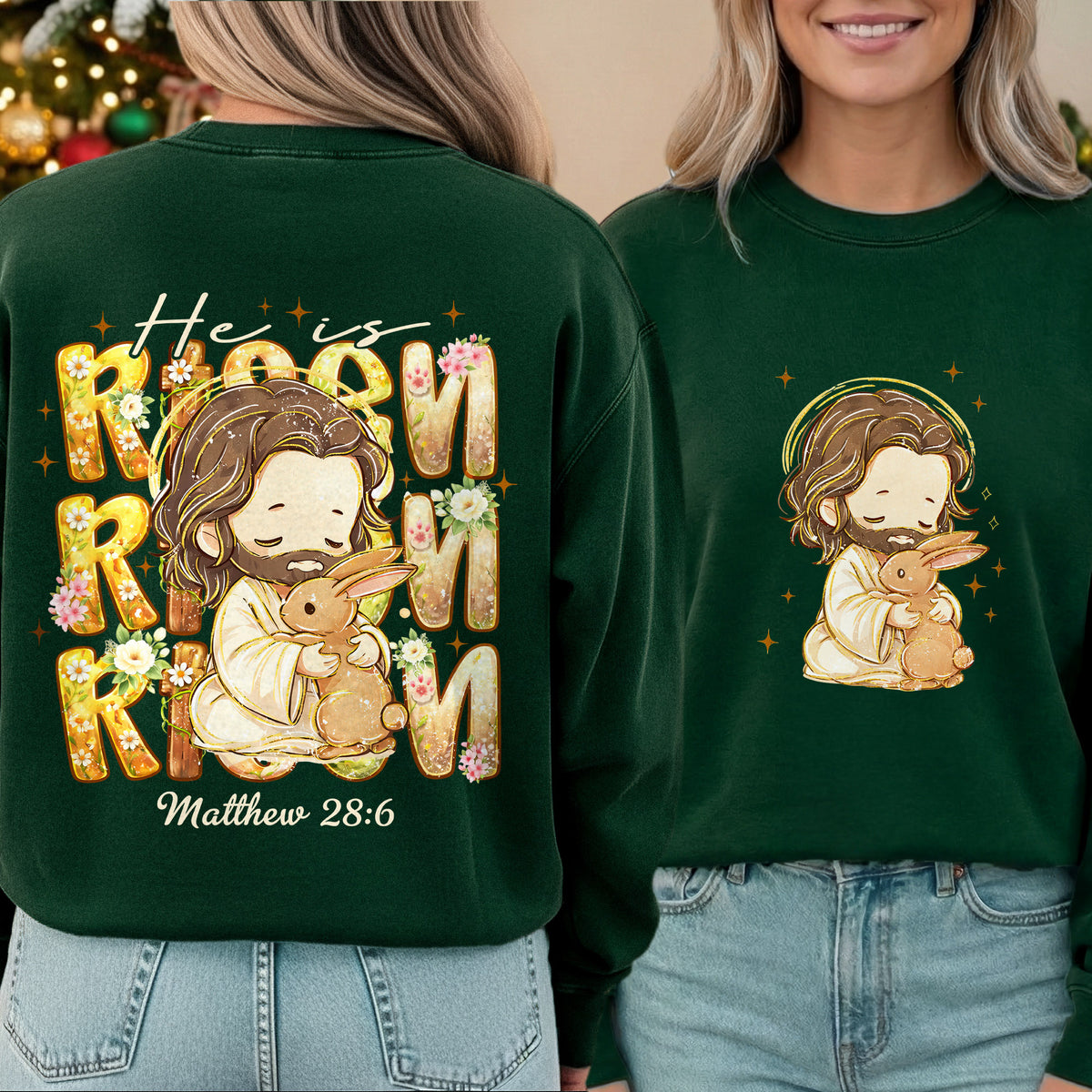 Chibi Jesus And Rabbit Matthew 28:6 - Two Sides - He is Risen - Unisex Tshirt / Hoodie / Sweatshirt