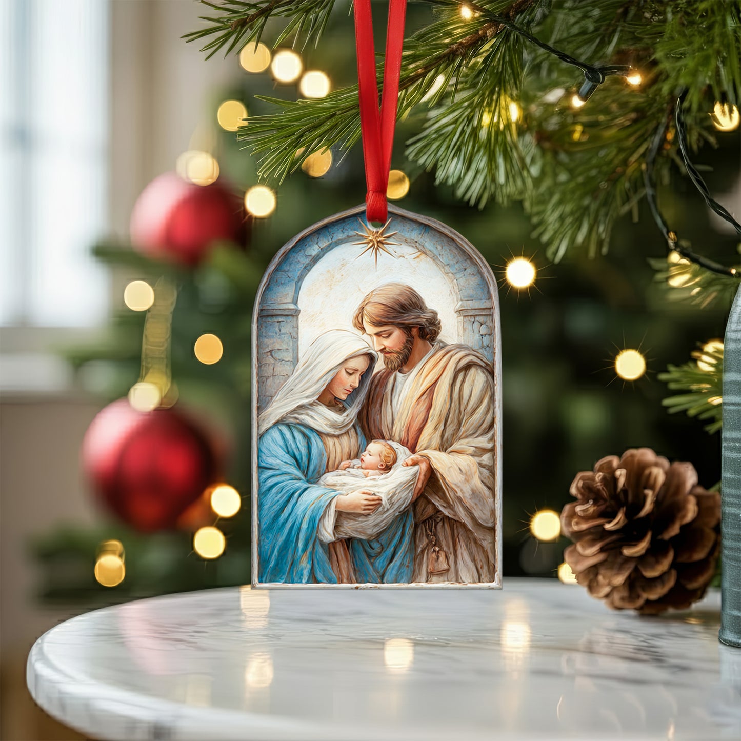 Holy Family Nativity Scene Christmas Ornament | Two-Sided Religious Christian Keepsake | Sacred Christmas Tree Decoration