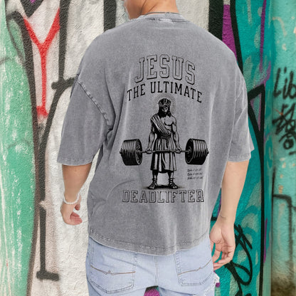 "Jesus The Ultimate Deadlifter" Unisex Vintage Washed Christian T-Shirt Two Sides | Matthew 11:28 Burden Bearer Tee | Faith Guided Life Apparel