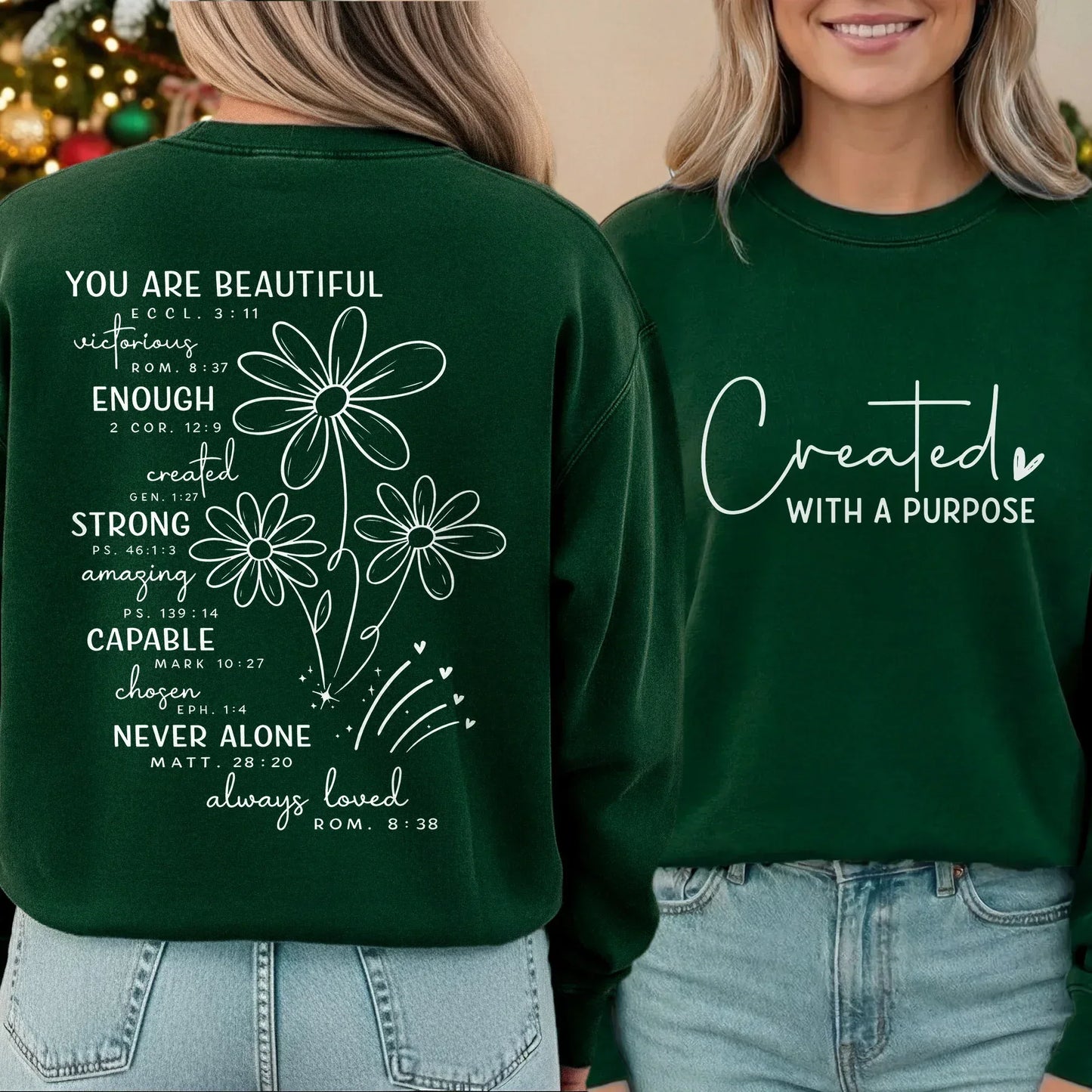 Created With a Purpose Floral Scripture Design – Two Sides – Minimalist Faith – Unisex Tshirt /Hoodie/Sweatshirt - Faith Guided Life