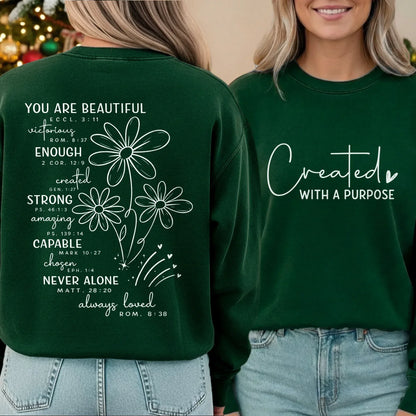 Created With a Purpose Floral Scripture Design – Two Sides – Minimalist Faith – Unisex Tshirt /Hoodie/Sweatshirt - Faith Guided Life