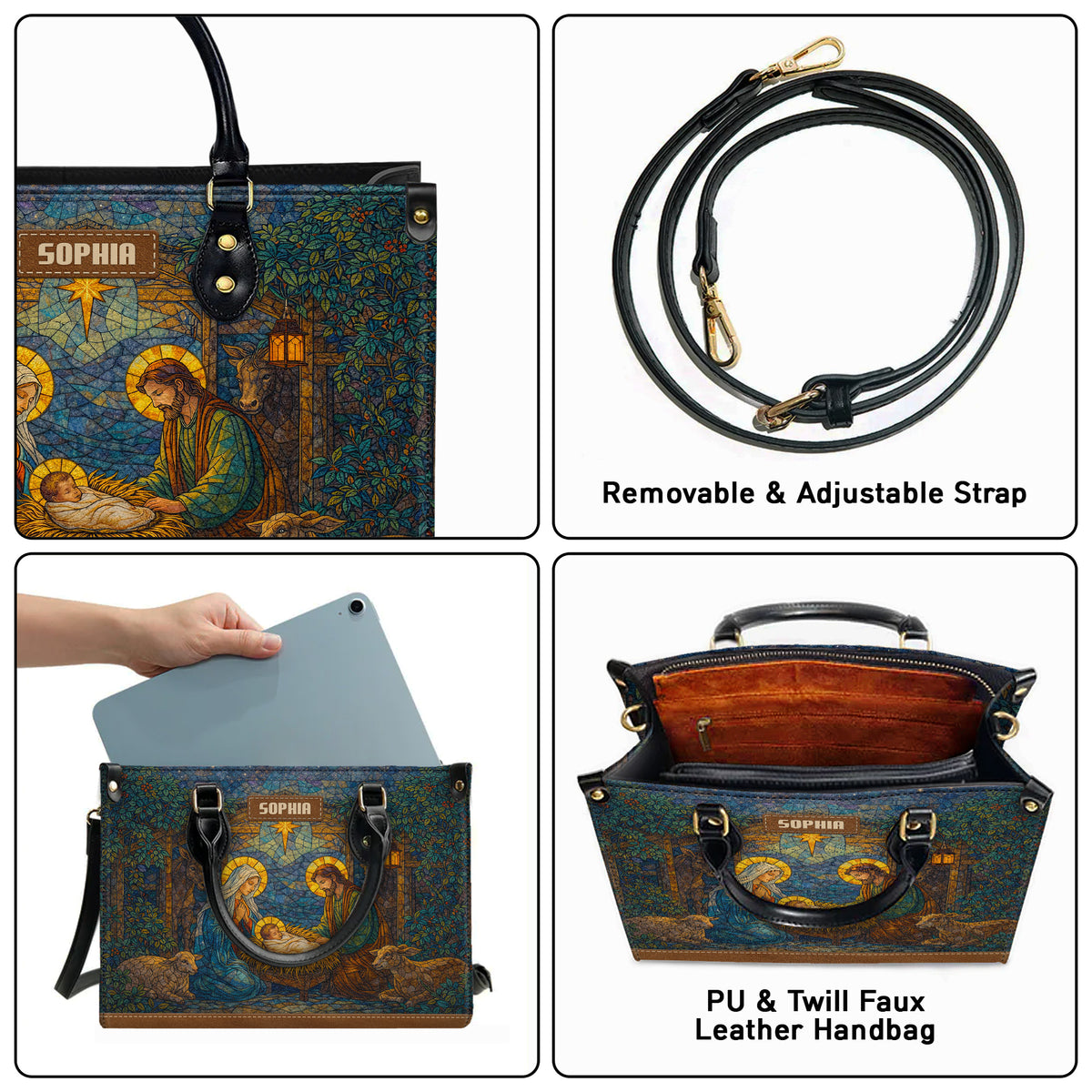 Personalized Stained Glass Nativity Christian Handbag – Twill Faux Leather & PU Leather
