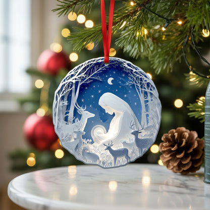 Layered Art Nativity Scene Christmas Ornament | Mary and Jesus in Winter Forest | Christian Keepsake Decoration