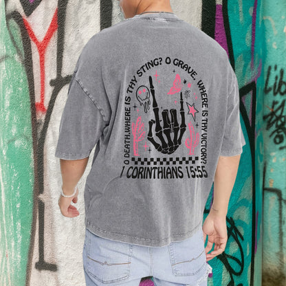 Where Is Thy Sting O Grave Christian Victory Washed 100% Cotton Two Sides T-Shirt 1 Corinthians 15:55 Faith Tee