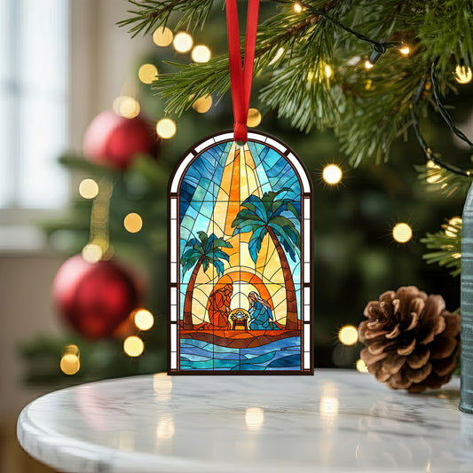 Coastal Nativity Stained Glass Christmas Ornament | Holy Family Palm Tree Scene | Unique Christian Keepsake
