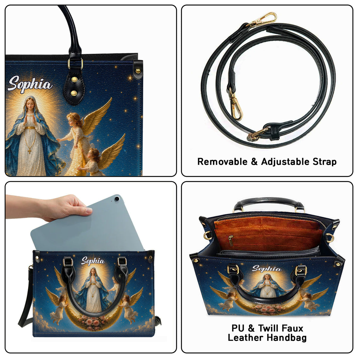 Personalized Virgin Mary Angel Moon Christian Handbag – Twill Faux Leather & PU Leather
