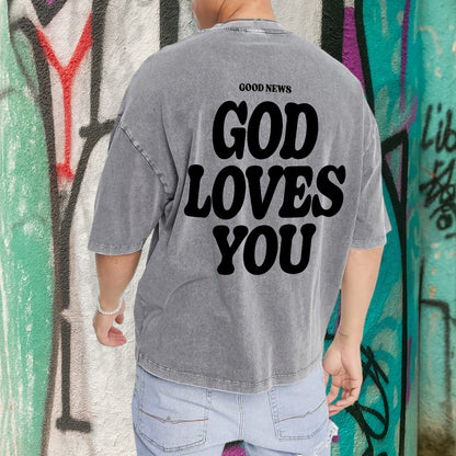 "God Loves You" Unisex Vintage Washed Christian T-Shirt Two Sides | John 3:16 Good News Declaration Tee | Faith Guided Life Apparel