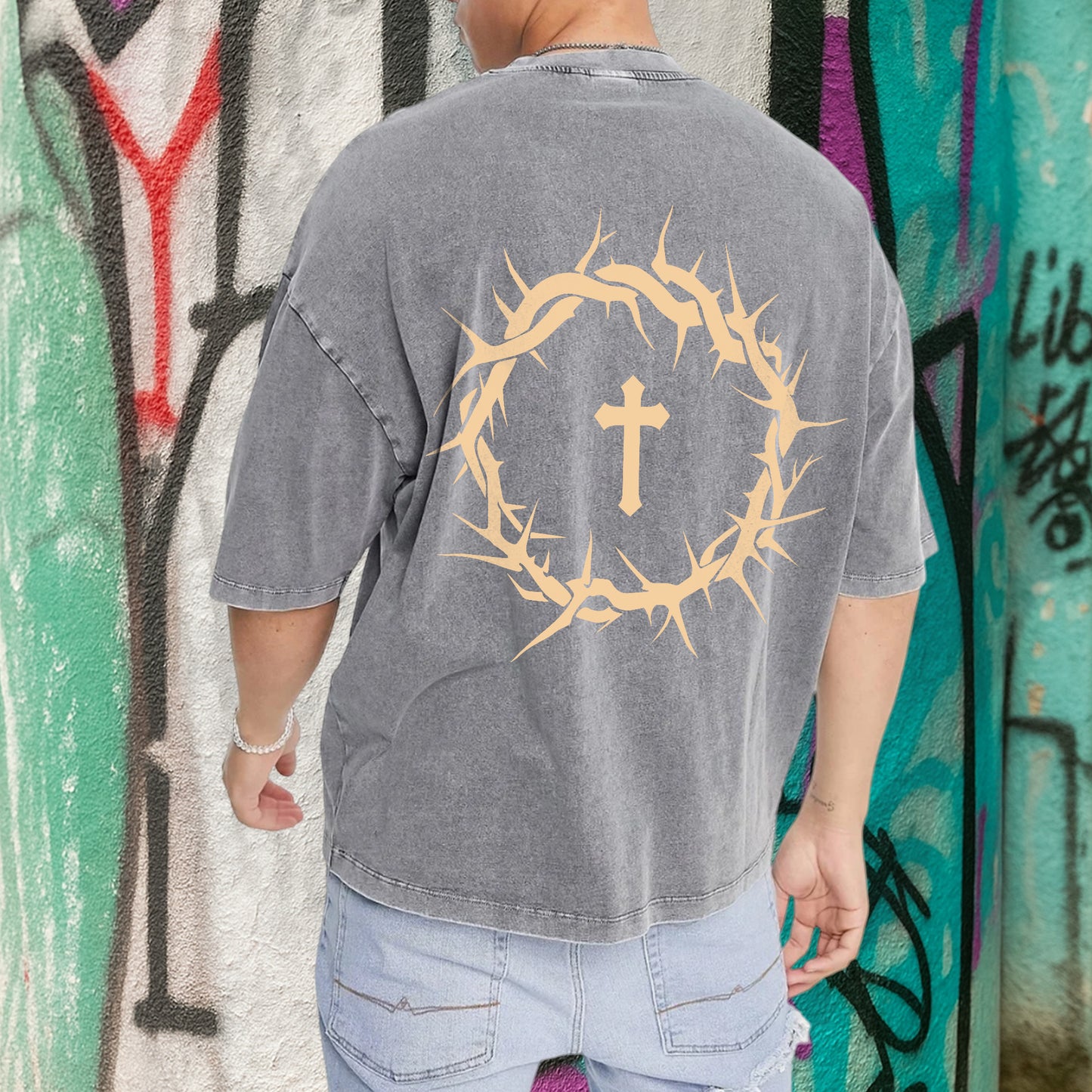 Faith Over Fear Two Sides Unisex Vintage Washed T-Shirt - Crown of Thorns Courage Declaration