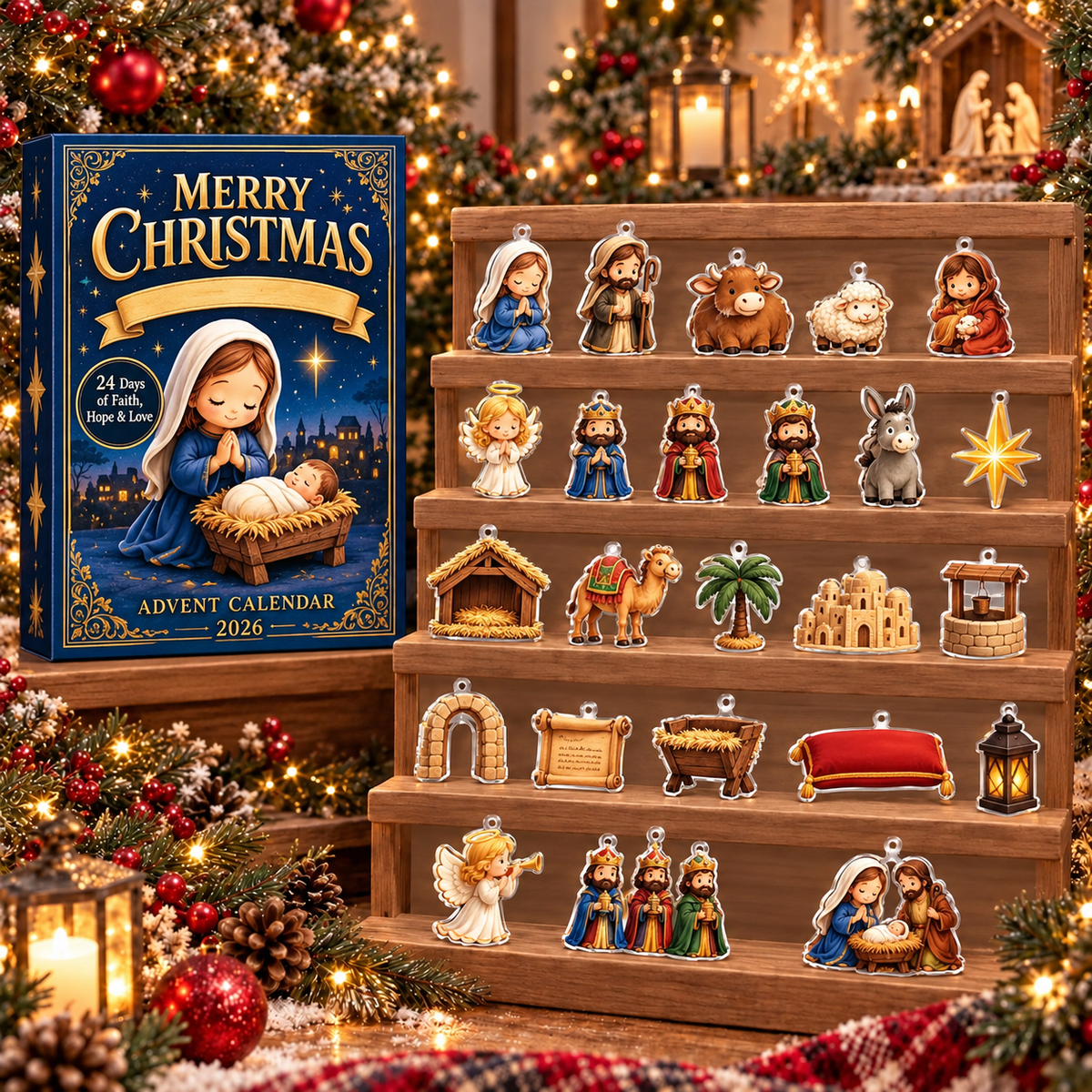 Holy Night Nativity Advent Calendar 2026 – 24 Acrylic Ornament Christian Christmas Countdown Box