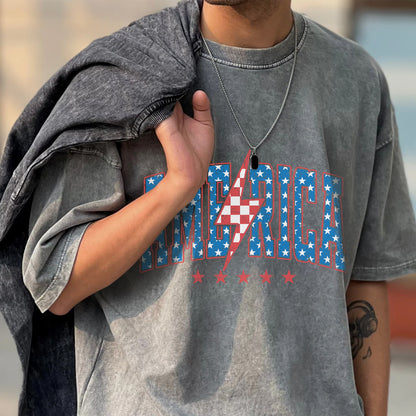 "America Lightning Bolt" Unisex Vintage Washed Cotton T-Shirt | Stars & Stripes Patriotic Tee | Faith Guided Life Apparel