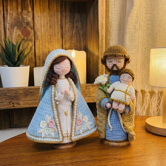 Handmade Crochet Holy Family Statues – Our Lady Mary & St. Joseph with Baby Jesus (Wooden Base Included)