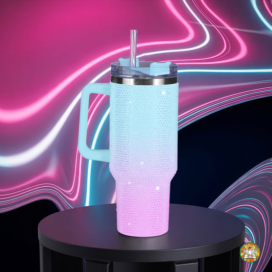 Blue Pink Gradient Bling Diamond Tumbler 40oz - Sparkling Ombre Dreams Rhinestone Cup