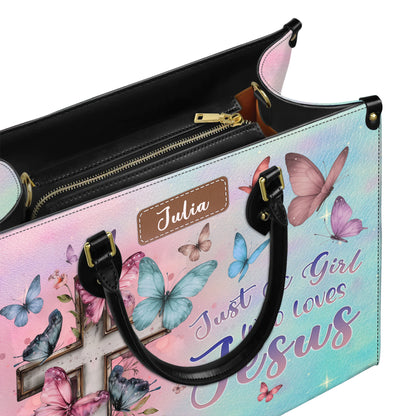 Just A Girl Who Loves Jesus Butterfly Cross Personalized Leather Handbag