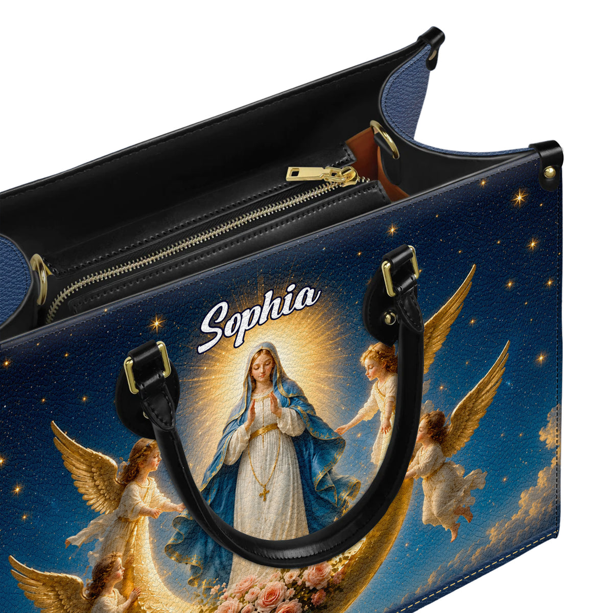 Personalized Virgin Mary Angel Moon Christian Handbag – Twill Faux Leather & PU Leather