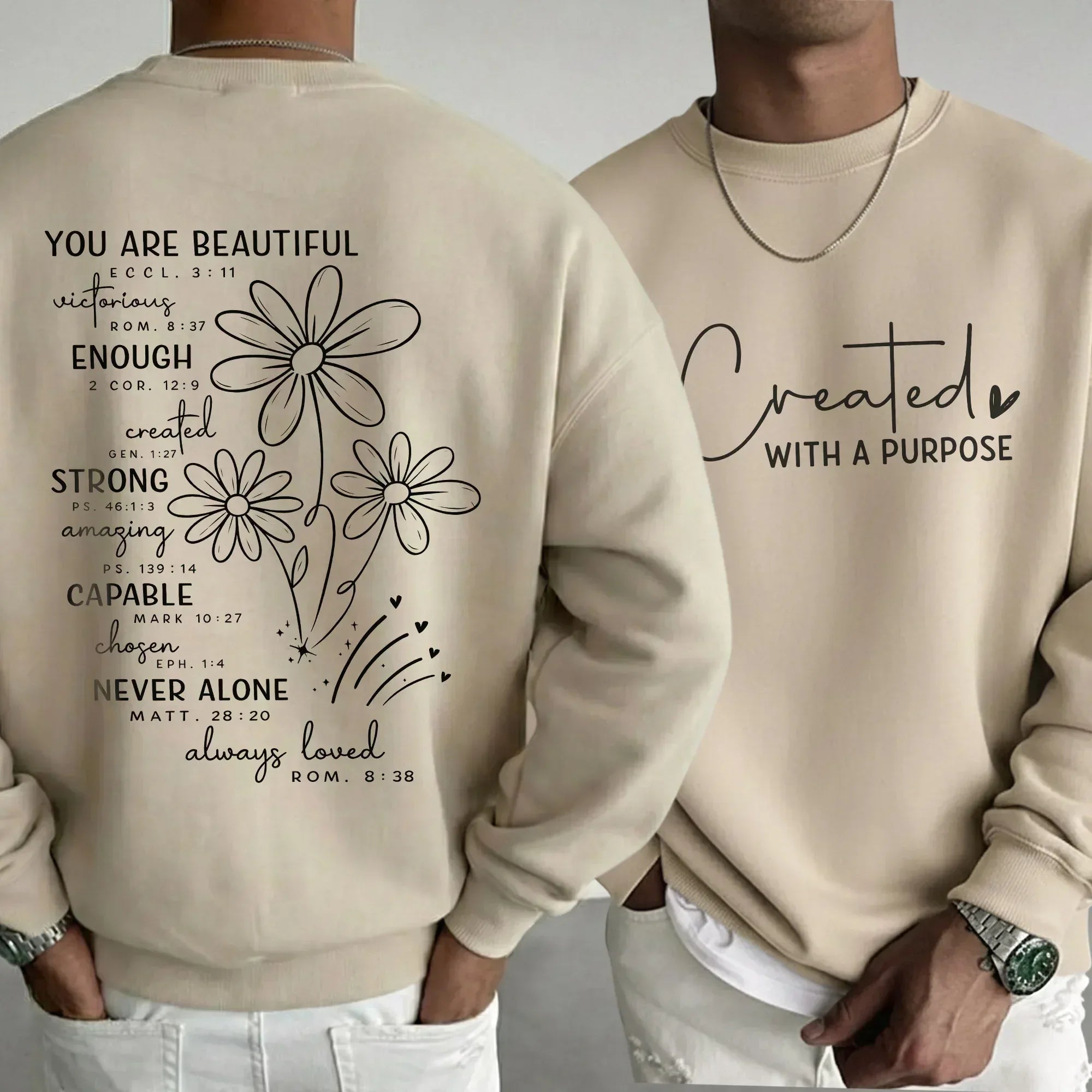 Created With a Purpose Floral Scripture Design – Two Sides – Minimalist Faith – Unisex Tshirt /Hoodie/Sweatshirt - Faith Guided Life