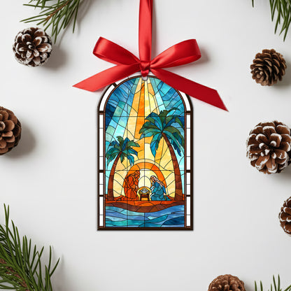 Coastal Nativity Stained Glass Christmas Ornament | Holy Family Palm Tree Scene | Unique Christian Keepsake