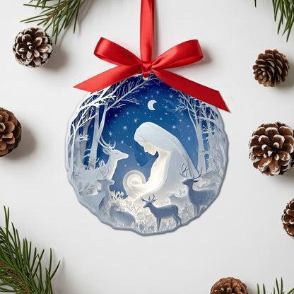 Layered Art Nativity Scene Christmas Ornament | Mary and Jesus in Winter Forest | Christian Keepsake Decoration