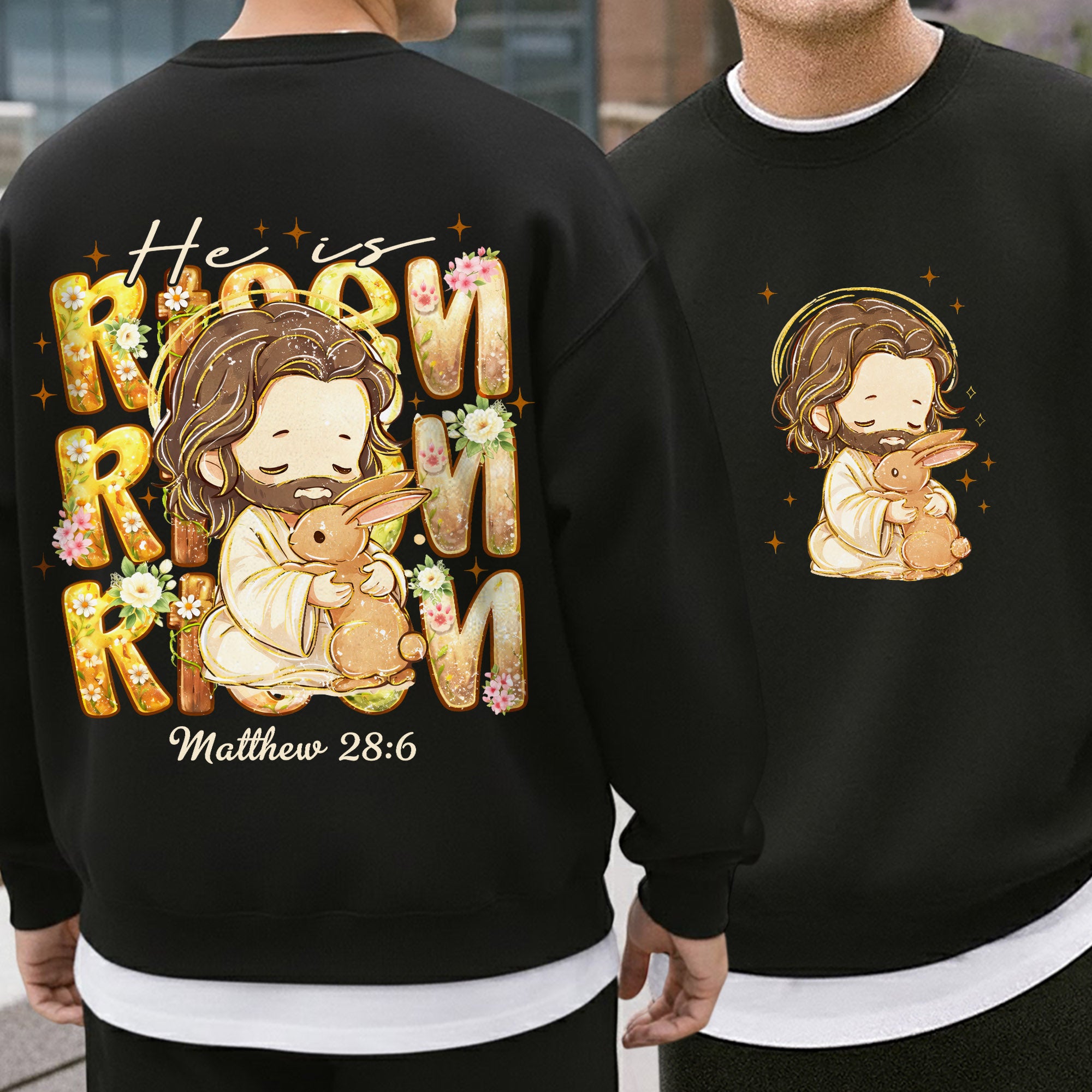 Chibi Jesus And Rabbit Matthew 28:6 - Two Sides - He is Risen - Unisex Tshirt / Hoodie / Sweatshirt