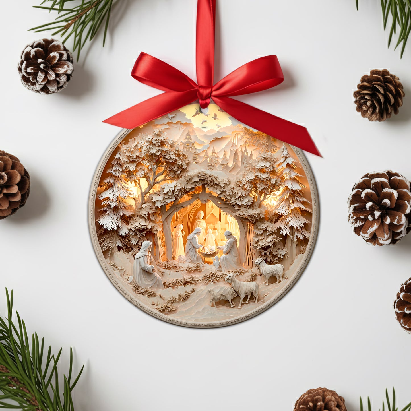 Layered Art Nativity Scene Christmas Ornament | 3D Papercraft Style Keepsake | Christian Tree Decoration