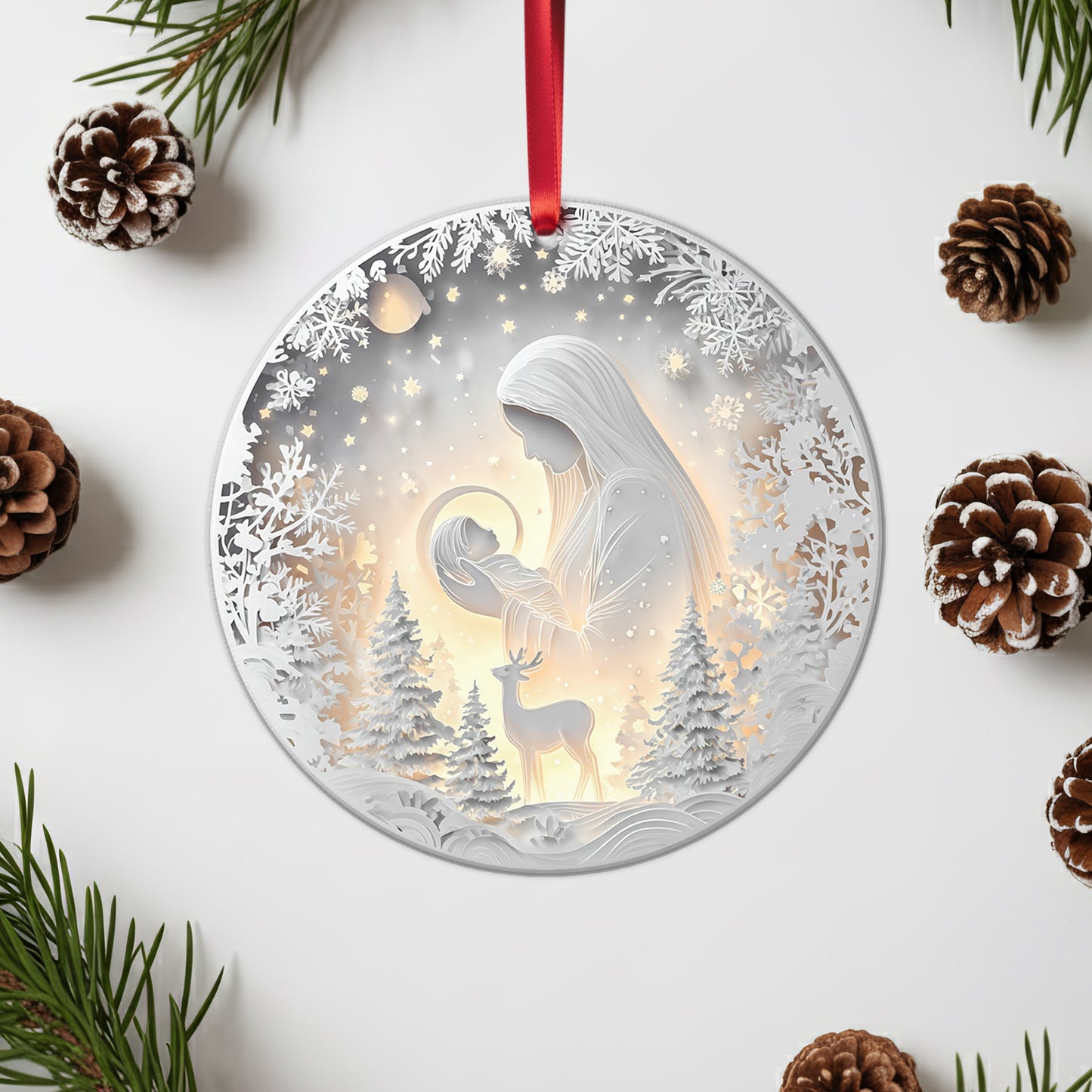 Layered Art Nativity Scene Christmas Ornament | Mary and Jesus in Winter Forest | Christian Keepsake Decoration