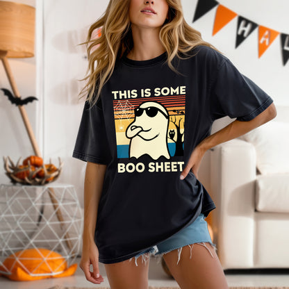 This Is Some Boo Sheet Funny Ghost Halloween T-Shirt - Vintage Sunset Spooky Season Humor Tee