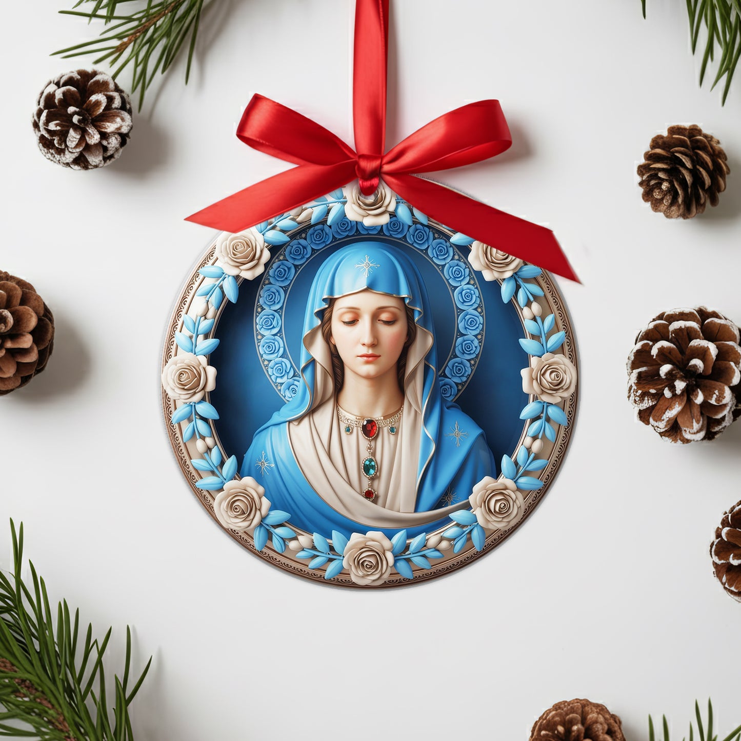 Blessed Mother Mary Christmas Ornament Two Sided | Our Lady of Grace | Catholic Christian Keepsake Decoration