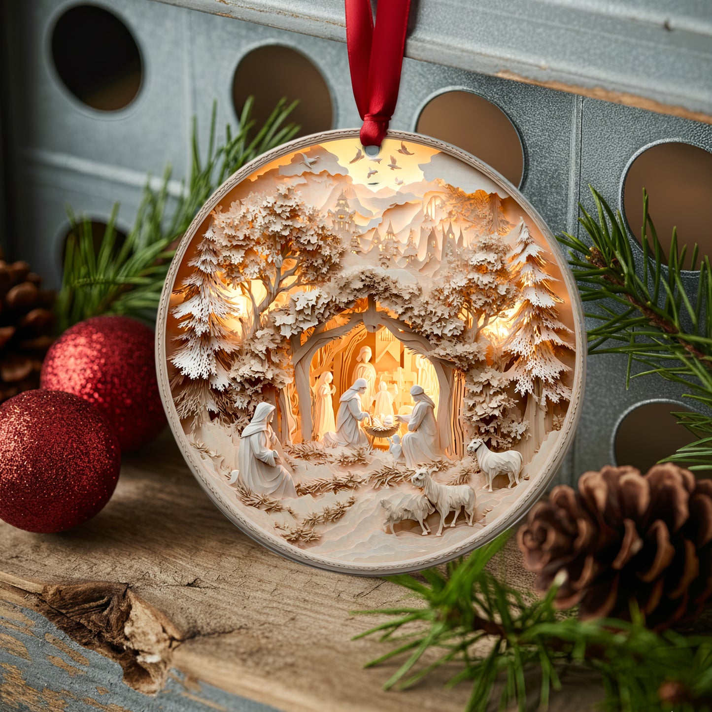 Layered Art Nativity Scene Christmas Ornament | 3D Papercraft Style Keepsake | Christian Tree Decoration