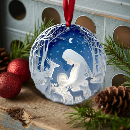 Layered Art Nativity Scene Christmas Ornament | Mary and Jesus in Winter Forest | Christian Keepsake Decoration