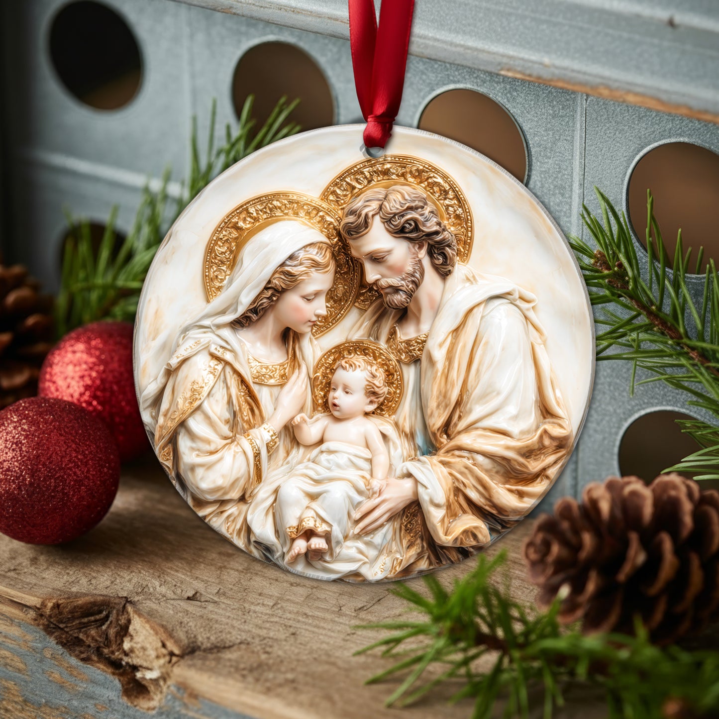 Classic Art Holy Family Christmas Ornament | Bas-Relief Style Religious Keepsake | Timeless Nativity Decoration