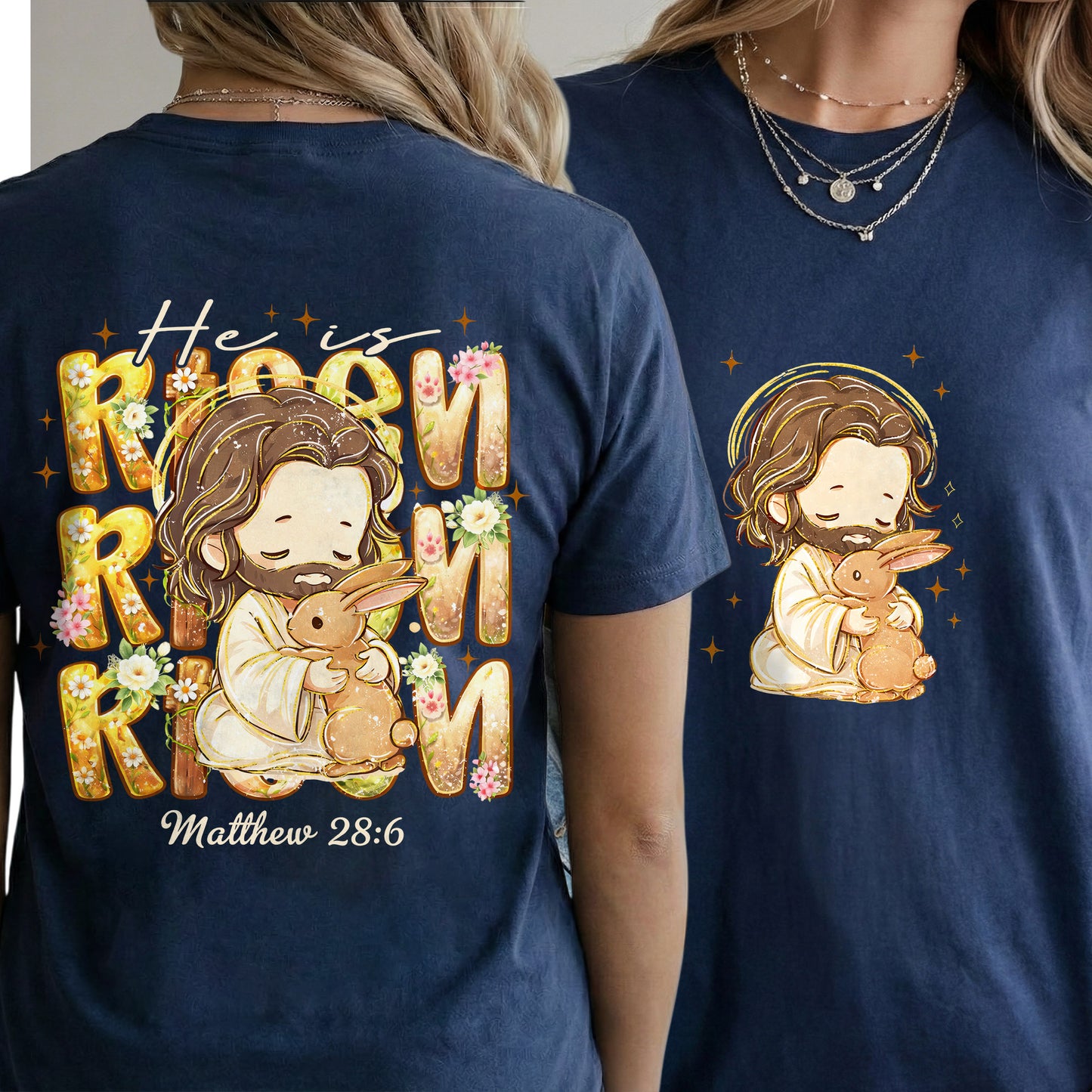 Chibi Jesus And Rabbit Matthew 28:6 - Two Sides - He is Risen - Unisex Tshirt / Hoodie / Sweatshirt
