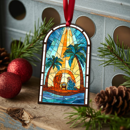 Coastal Nativity Stained Glass Christmas Ornament | Holy Family Palm Tree Scene | Unique Christian Keepsake