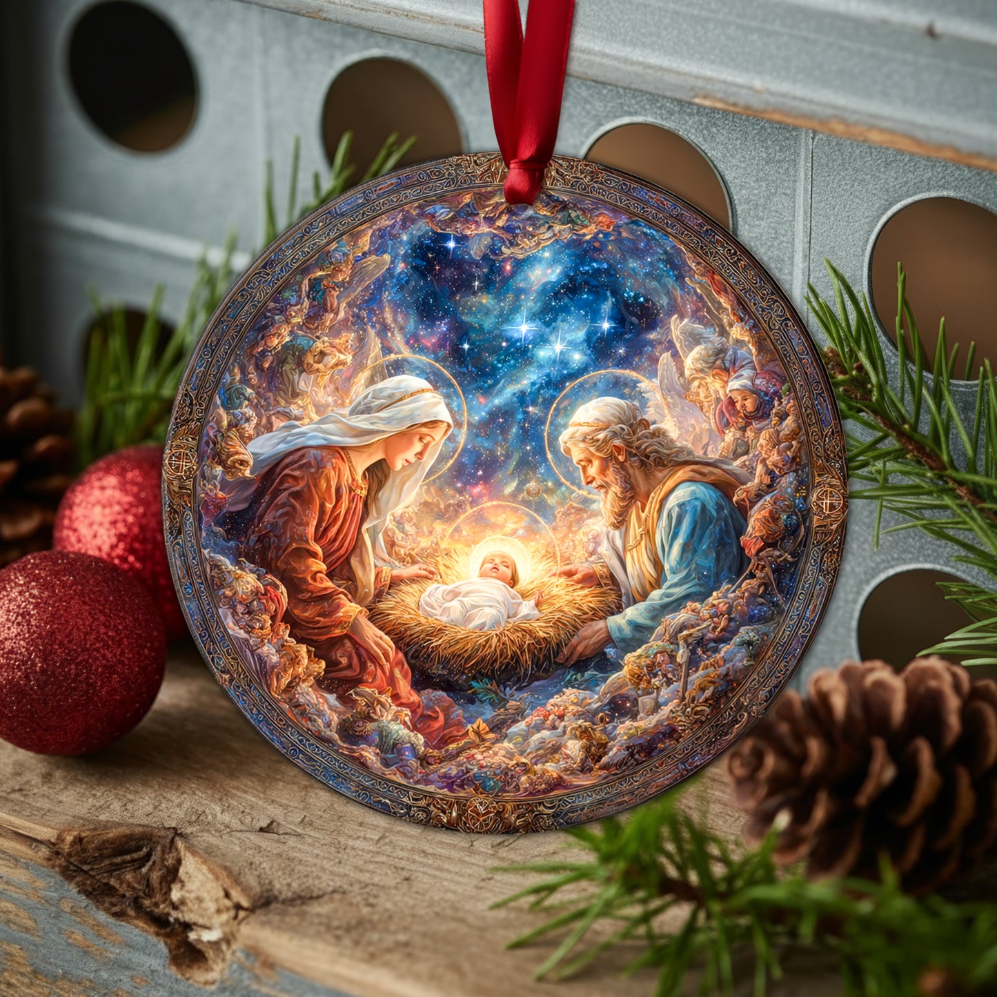 Celestial Nativity Scene Christmas Ornament | Cosmic Holy Family Keepsake | Religious Masterpiece Decoration