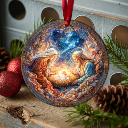 Celestial Nativity Scene Christmas Ornament | Cosmic Holy Family Keepsake | Religious Masterpiece Decoration