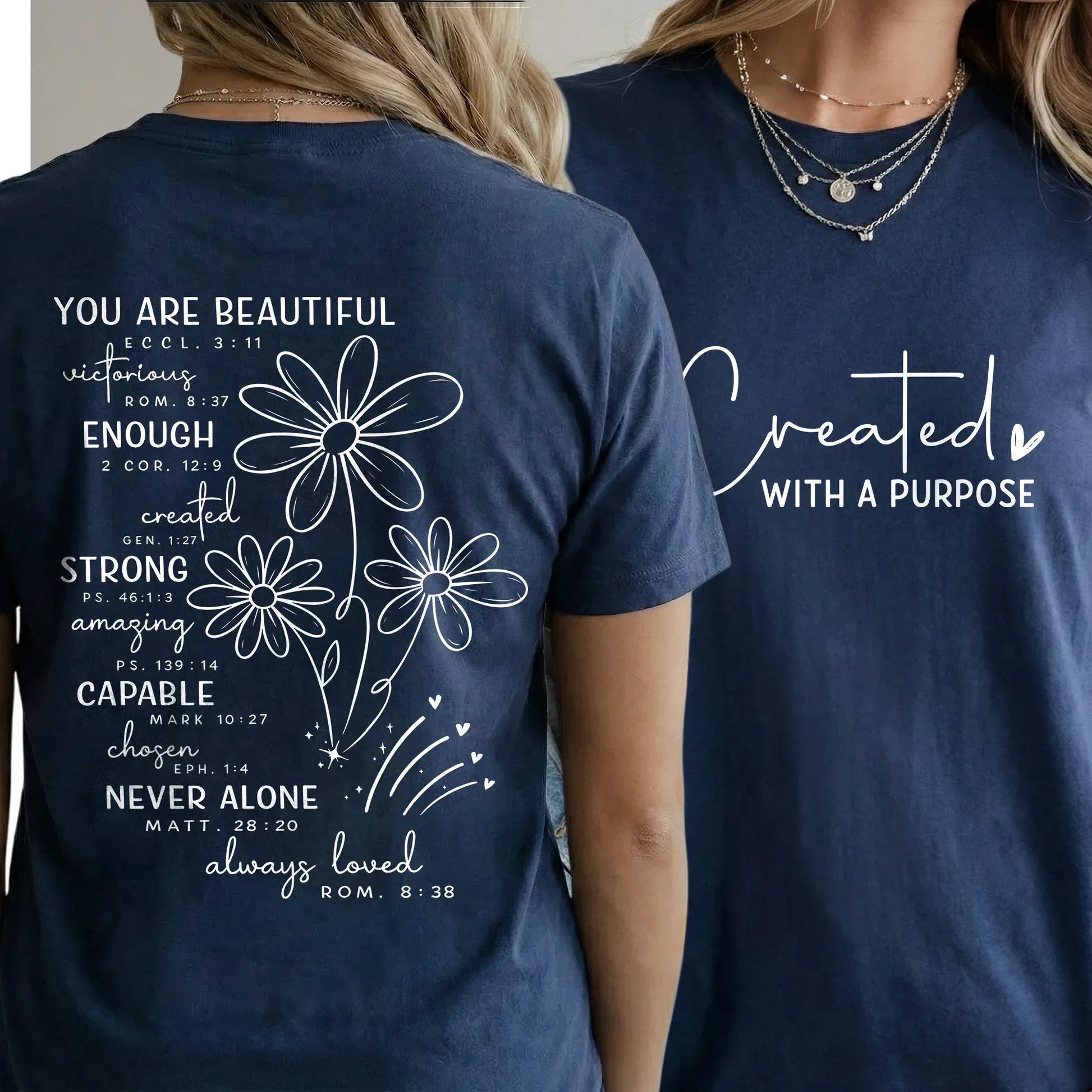 Created With a Purpose Floral Scripture Design – Two Sides – Minimalist Faith – Unisex Tshirt /Hoodie/Sweatshirt - Faith Guided Life