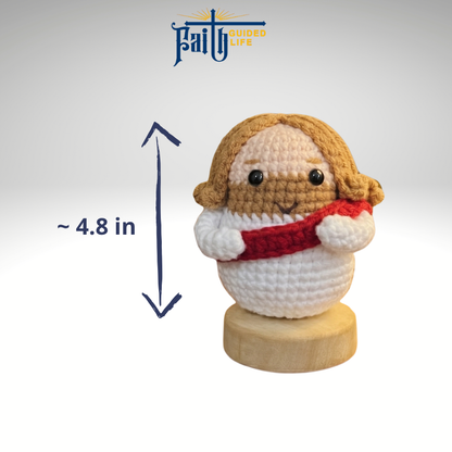 Handmade Jesus Crochet Doll with Wooden Base - Christian Prayer Decor & Meaningful Gift