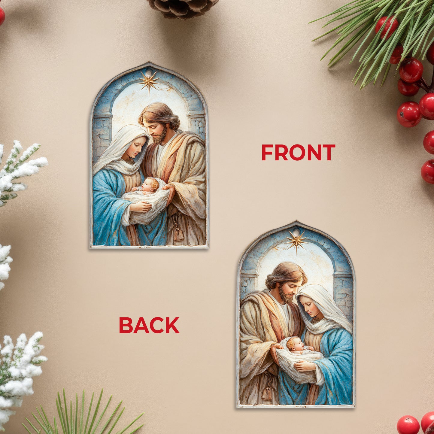 Holy Family Nativity Scene Christmas Ornament | Two-Sided Religious Christian Keepsake | Sacred Christmas Tree Decoration