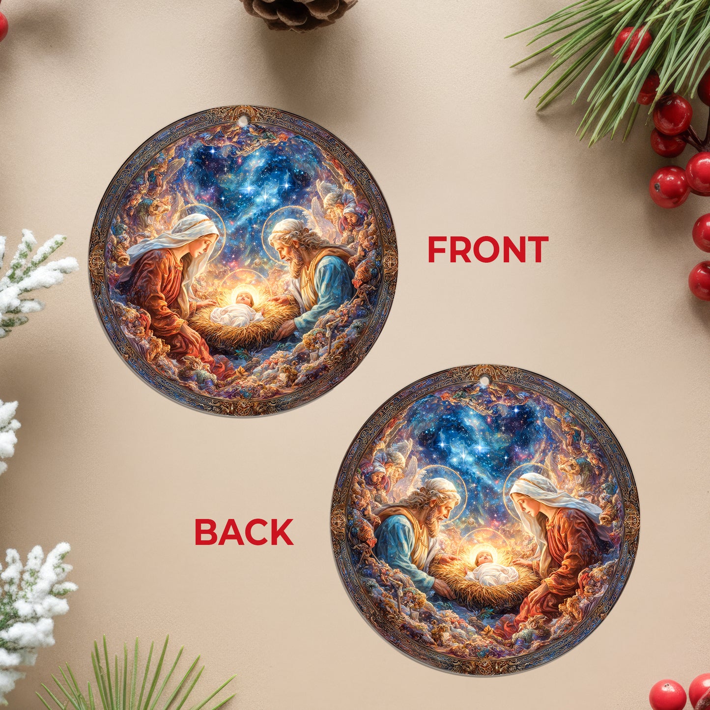 Celestial Nativity Scene Christmas Ornament | Cosmic Holy Family Keepsake | Religious Masterpiece Decoration