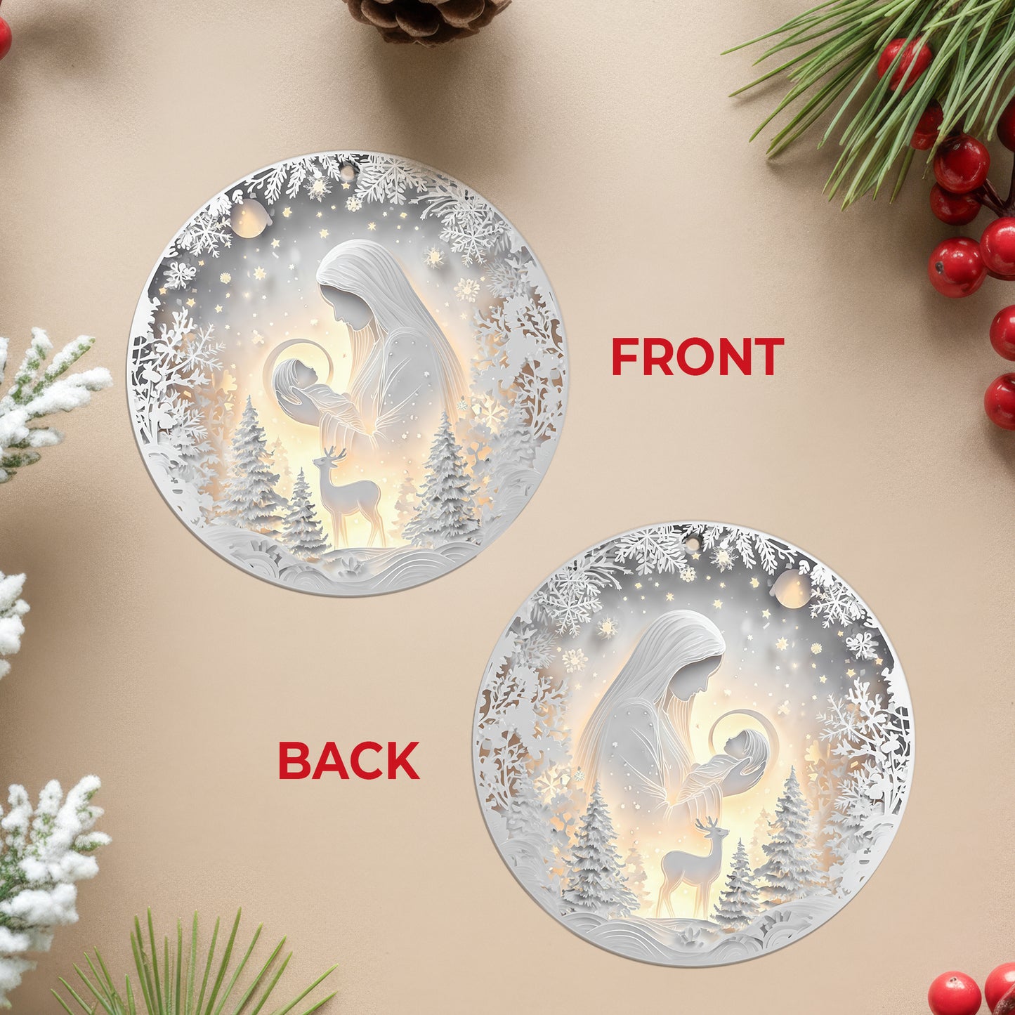 Layered Art Nativity Scene Christmas Ornament | Mary and Jesus in Winter Forest | Christian Keepsake Decoration