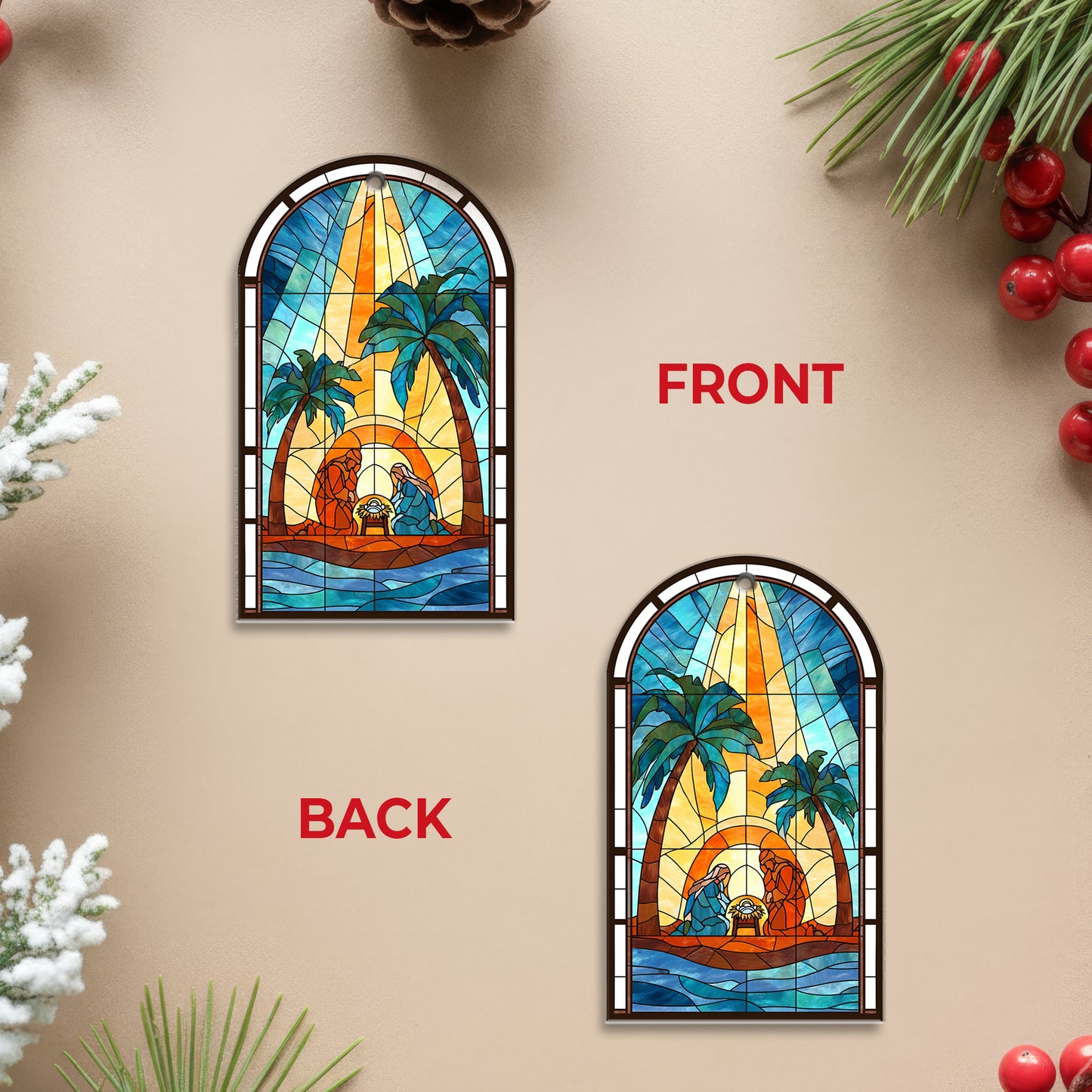 Coastal Nativity Stained Glass Christmas Ornament | Holy Family Palm Tree Scene | Unique Christian Keepsake