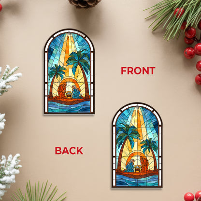 Coastal Nativity Stained Glass Christmas Ornament | Holy Family Palm Tree Scene | Unique Christian Keepsake