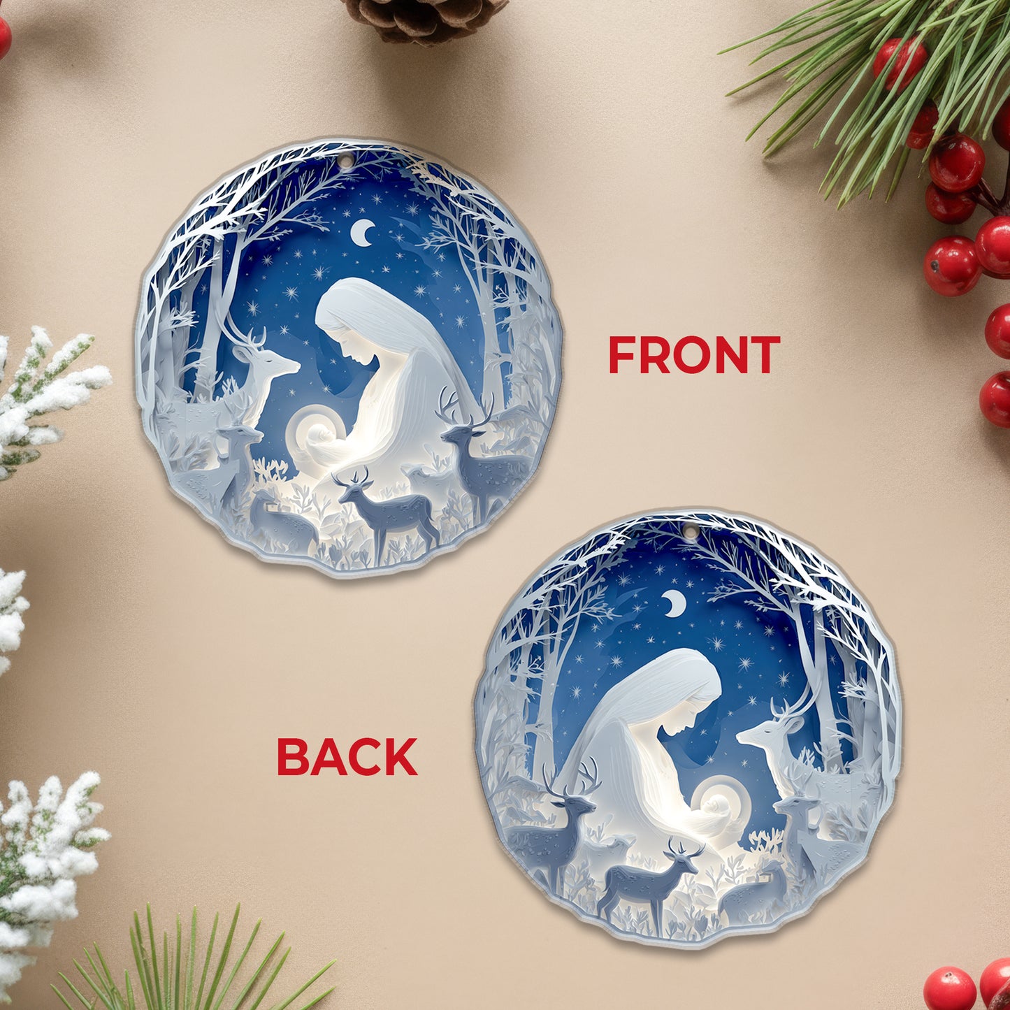 Layered Art Nativity Scene Christmas Ornament | Mary and Jesus in Winter Forest | Christian Keepsake Decoration