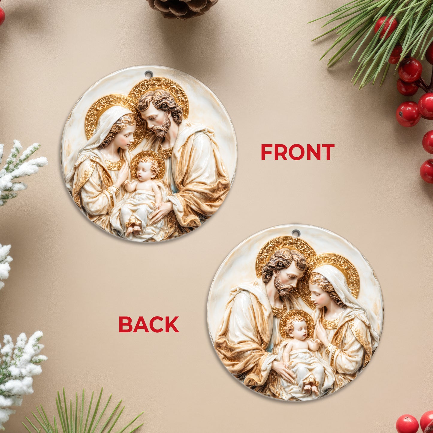 Classic Art Holy Family Christmas Ornament | Bas-Relief Style Religious Keepsake | Timeless Nativity Decoration
