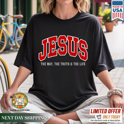 "Jesus The Way The Truth The Life" Unisex Varsity Style Christian T-Shirt | John 14:6 Bold Declaration Tee | Faith Guided Life Apparel