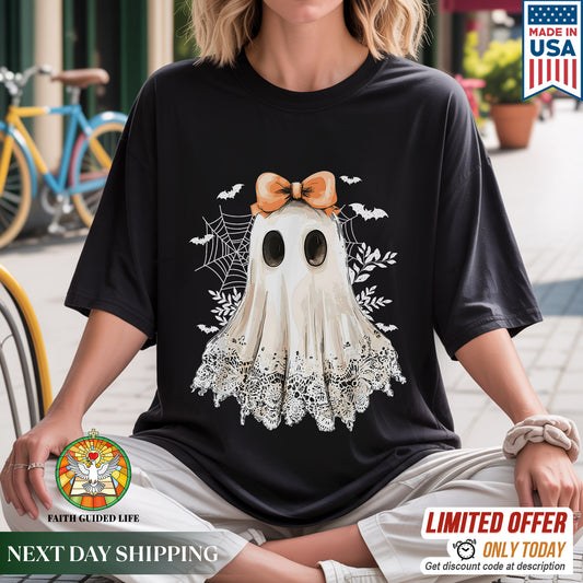Cute Halloween Ghost with Bow T-Shirt - Adorable Spooky Spirit