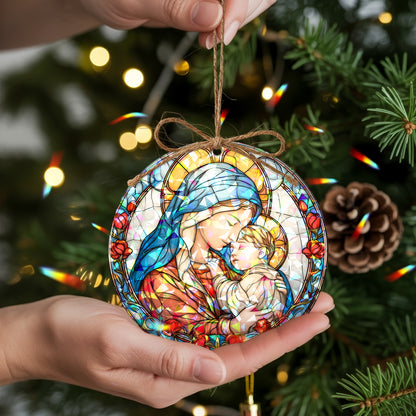 Stained Glass Madonna and Child Holographic Christmas Ornament | Mary and Jesus Religious Keepsake | Christian Tree Decoration