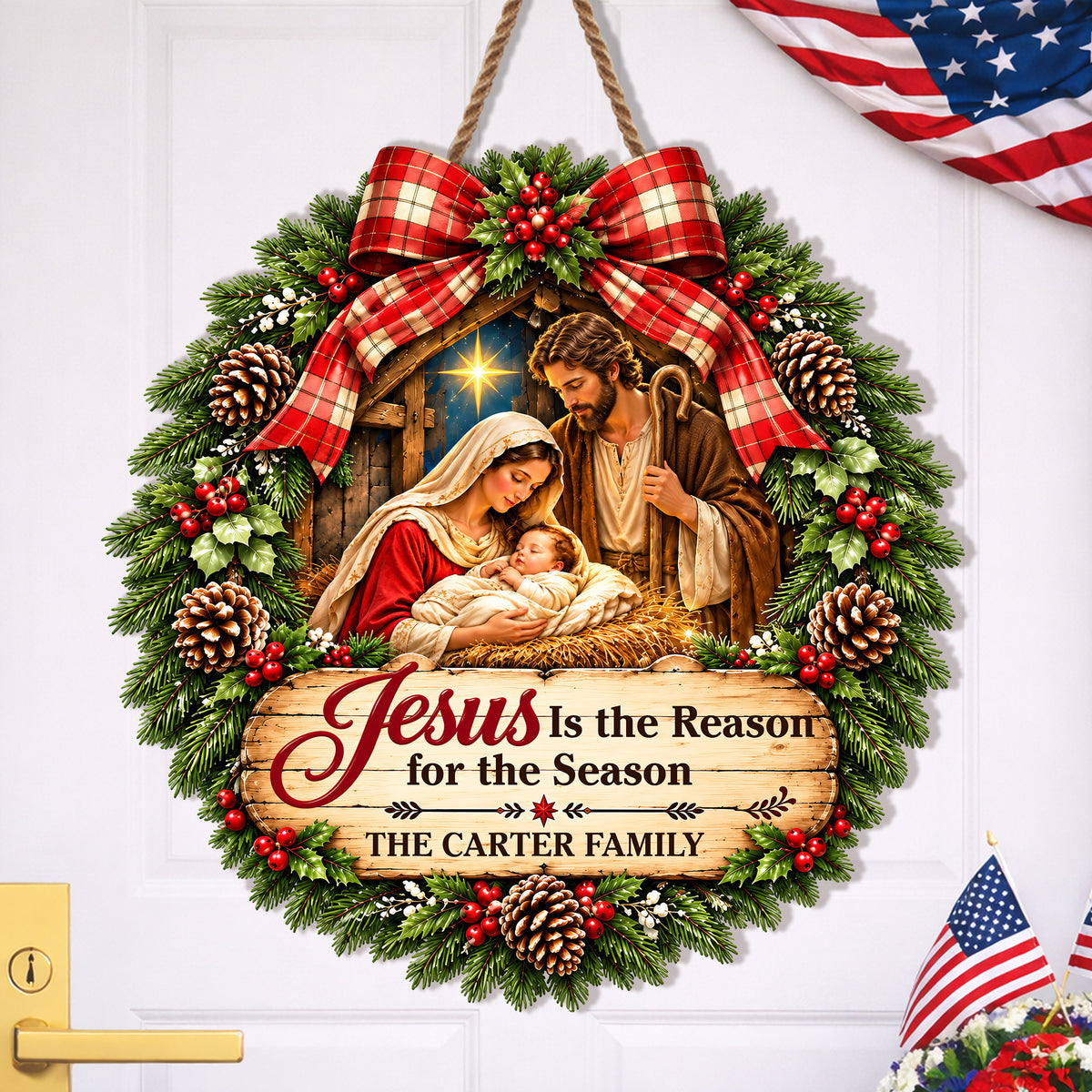 Personalized Jesus Is the Reason for the Season Christmas Wood Sign – Custom Family Name Nativity Hanging Decor