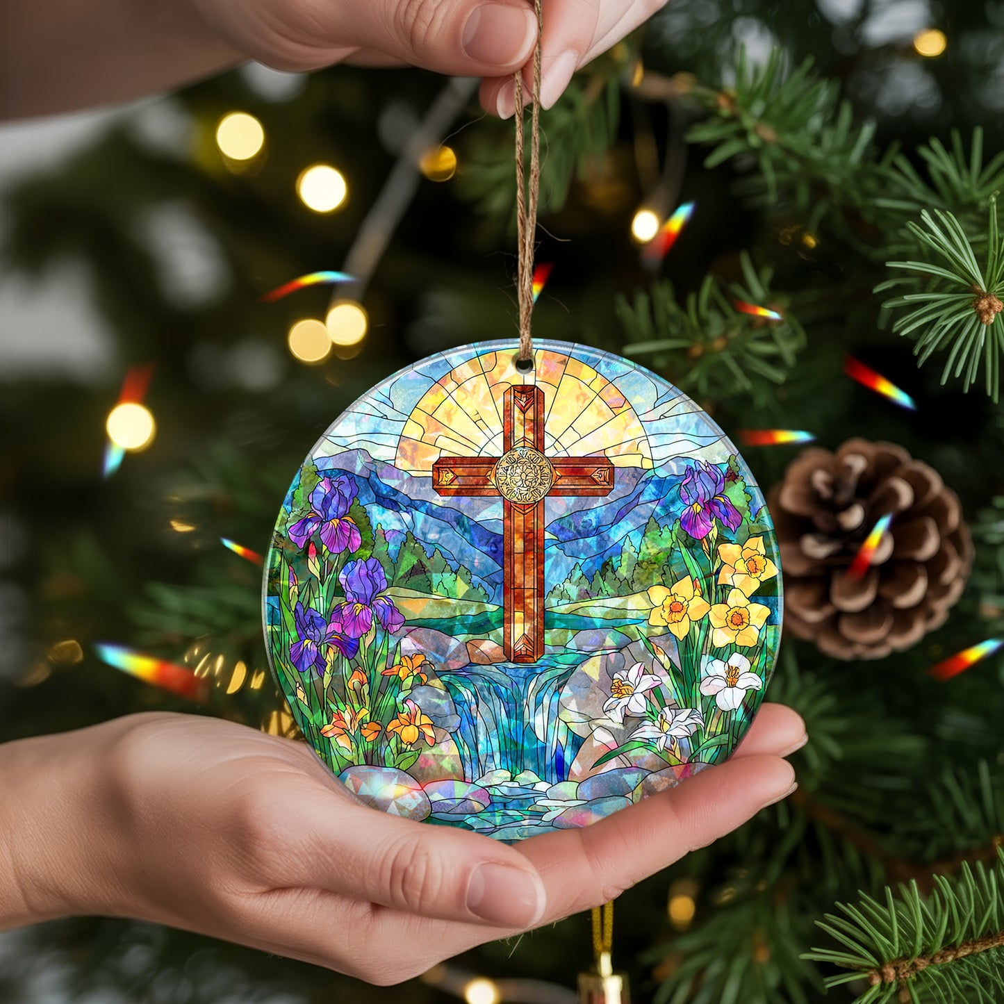 Stained Glass Cross Holographic Christmas Ornament | Symbol of Hope & New Life | Religious Christian Keepsake