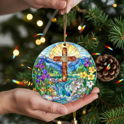 Stained Glass Cross Holographic Christmas Ornament | Symbol of Hope & New Life | Religious Christian Keepsake