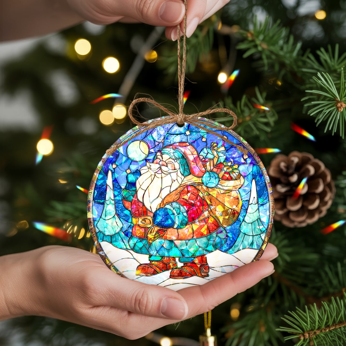 Stained Glass Santa Claus Holographic Christmas Ornament | Festive Holiday Keepsake | Jolly Tree Decoration